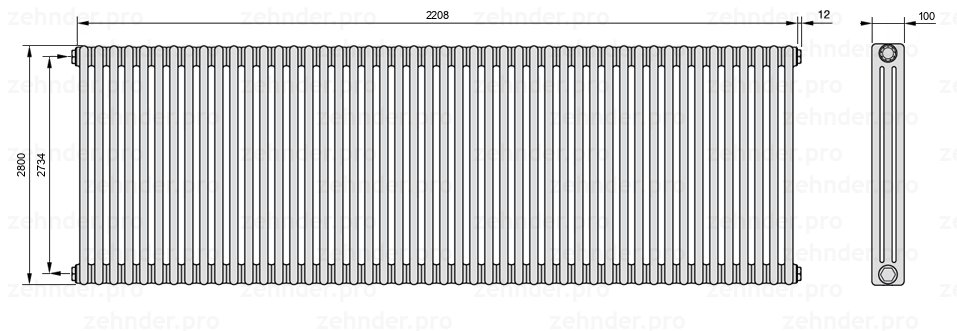 Схема (чертеж) Радиатор Zehnder Charleston 3280/48 №1270 Белый глянцевый RAL 9016